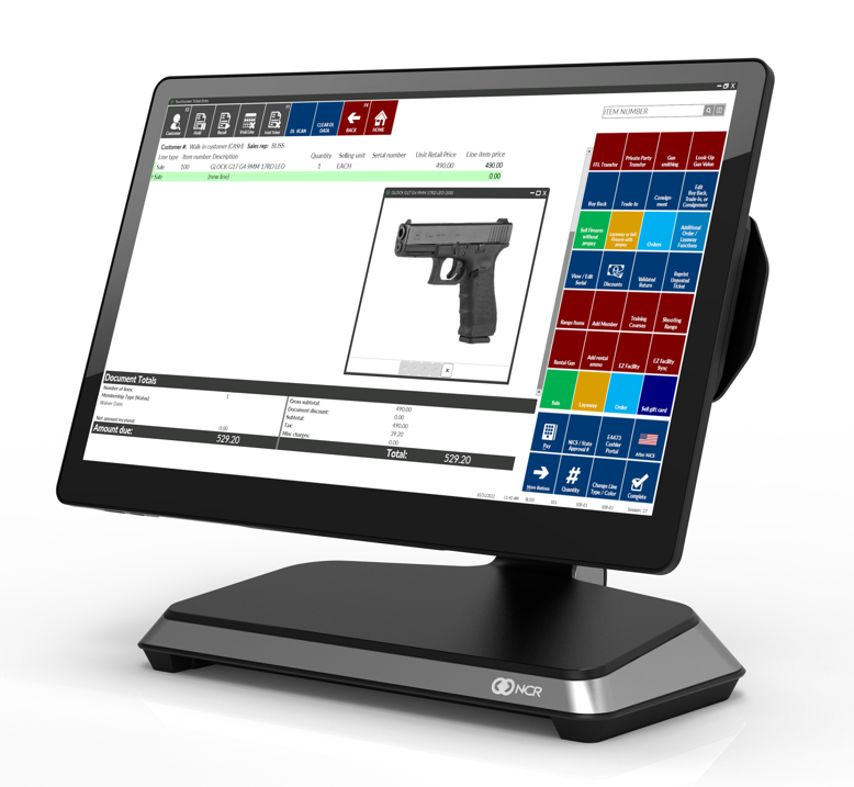 NCR touchscreen displaying Rapid Gun Systems' gun store POS software interface, showcasing serialized inventory management and firearm sales tools.