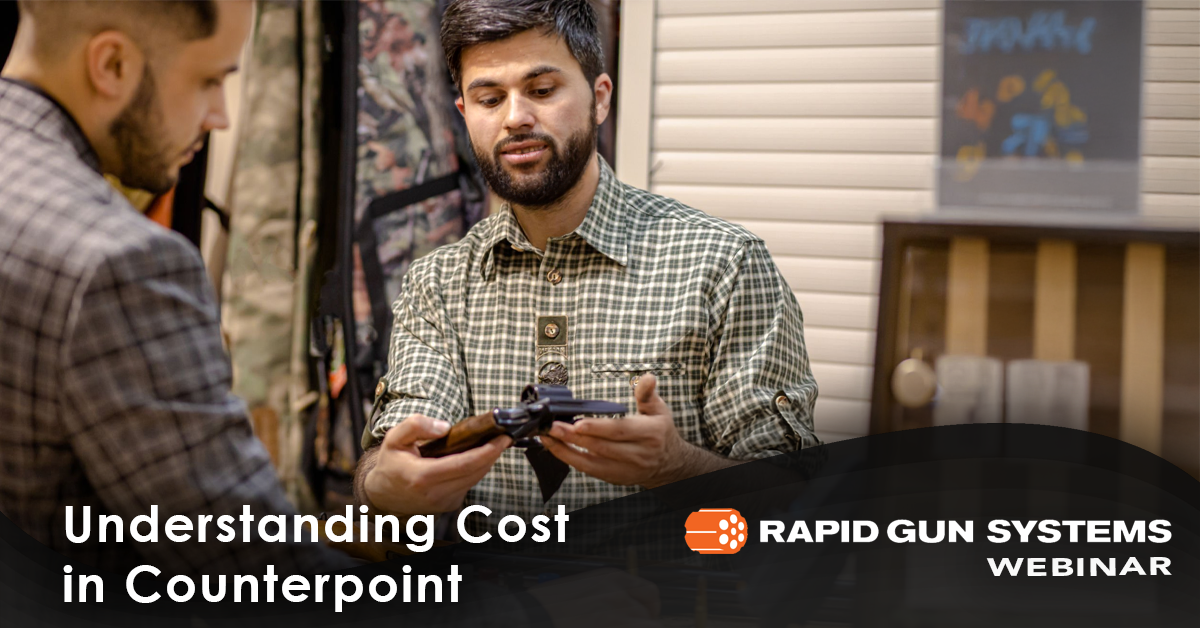 Image of a man in a plaid shirt explaining the benefits of a firearm to another man in a gun store. Gain insights into managing costs effectively within the Counterpoint point-of-sale system. Text displayed as "Understanding Cost in Counterpoint" with accurate cost tracking, inventory valuation, and profitability analysis tailored to firearm retailers.